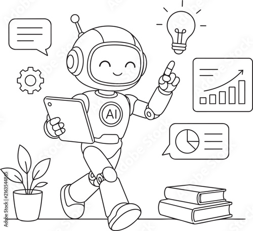 Cute robot holding a tablet with business data icons