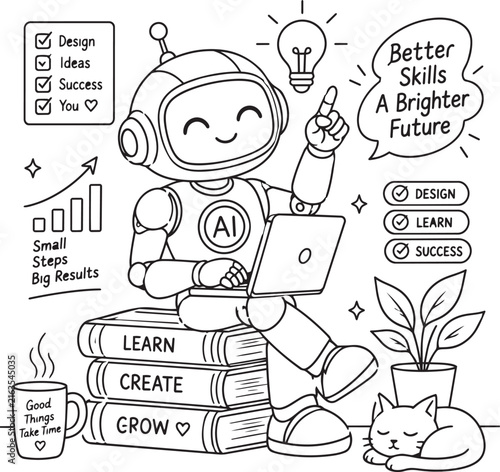 Cute robot working on a laptop with business icons