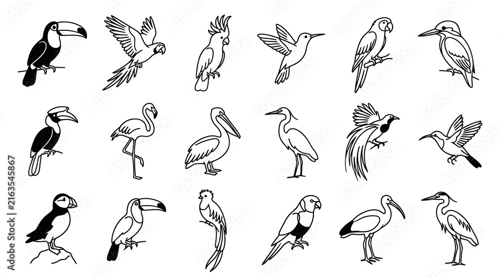Naklejka premium Black and White Line Art Birds Set: Hand-Drawn Wildlife Avian Collection for Nature Illustrations