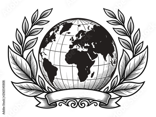 Vintage Style Global Peace Emblem with Earth Globe and Laurel Wreath Vector Illustration