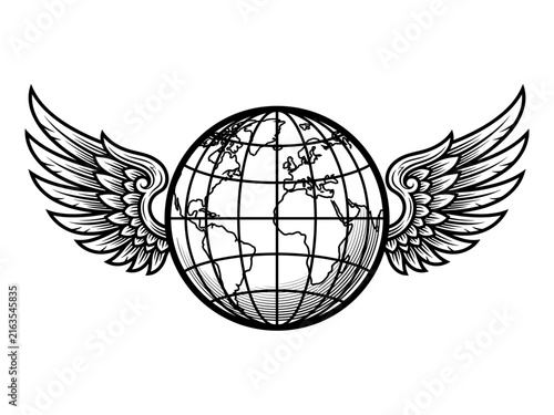 Globe with vintage wings isolated on white background, vector illustration design symbol of worldwide travel and freedom