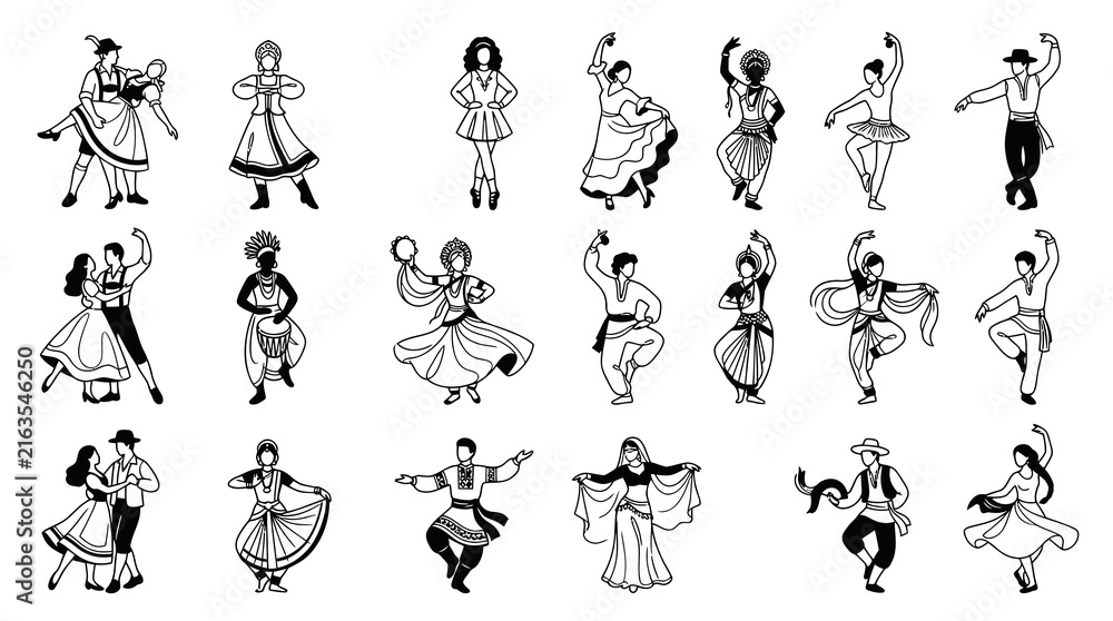 Obraz premium Black and White Line Art of Diverse People Dancing in Traditional Outfits