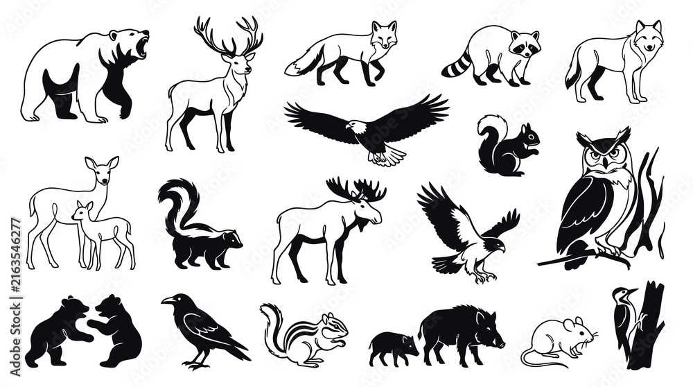Obraz premium Black and White Line Art Forest Animals, Wildlife Icon Set