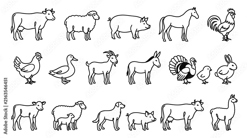 Naklejka premium Farm Animals Line Art Icons - Cute Black and White Vector Illustrations