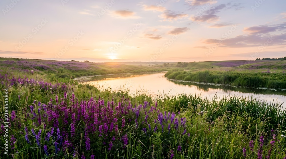 Fototapeta premium Sunset over a winding river with purple wildflowers in full bloom