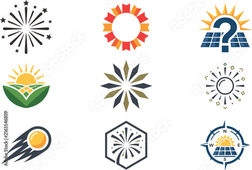 Renewable Solar Energy and Abstract Celebration Icon Set with Fireworks Solar Panel Question Mark Sunburst Comet Hexagon and Compass Navigation Branding Symbols