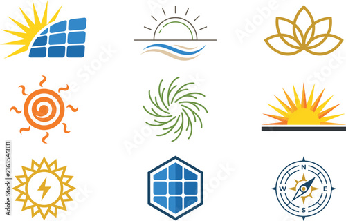 Renewable Solar Energy and Wellness Icon Set with Sun Rays Solar Panel Wave Lotus Flower Lightning Hexagon and Compass Navigation Symbols for Sustainable Branding