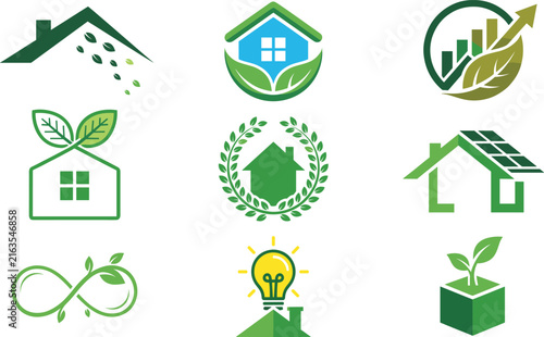 Eco Friendly Green House Real Estate and Business Icon Set with Solar Panel Financial Growth Graph Light Bulb Infinity and Sprout Symbols