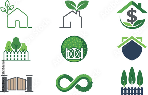 Eco Friendly Green House Real Estate and Gardening Icon Set with Dollar Shield Gate Fence Infinity and Sustainable Property Symbols for Corporate Branding