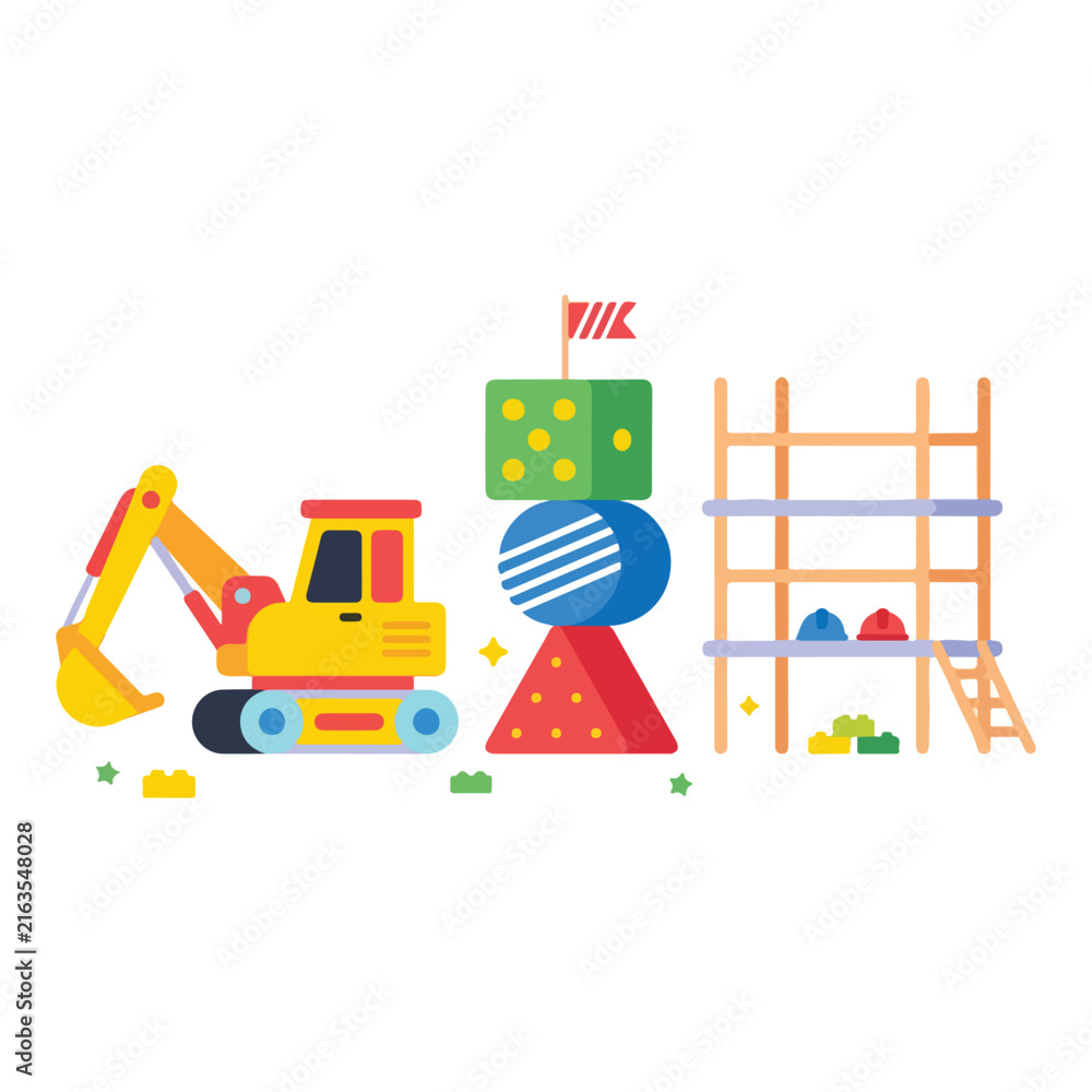 Fototapeta premium This playful vector artwork displays a yellow excavator toy alongside a tall stack of colorful geometric blocks and a wooden scaffolding set.