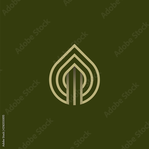 Minimalist logo featuring layered  geometric curves forming a stylized water drop or leaf symbol 