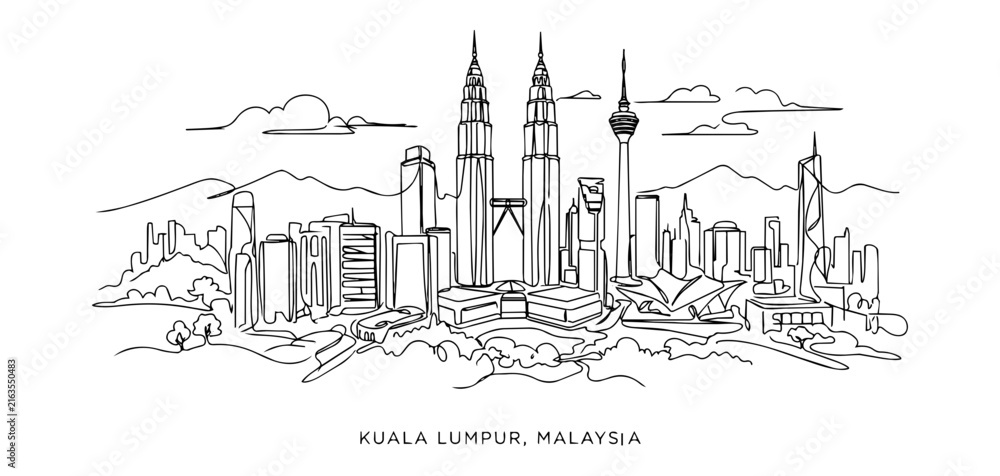 Naklejka premium Kuala Lumpur Malaysia City Skyline Continuous Single Line Art Vector Illustration