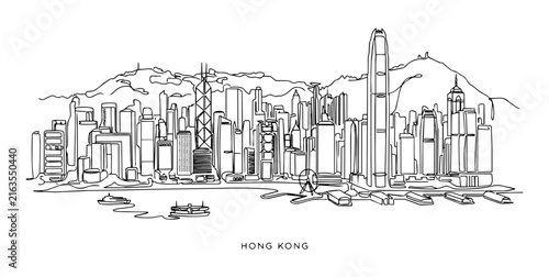 Hong Kong City Skyline Continuous Single Line Art Vector Illustration