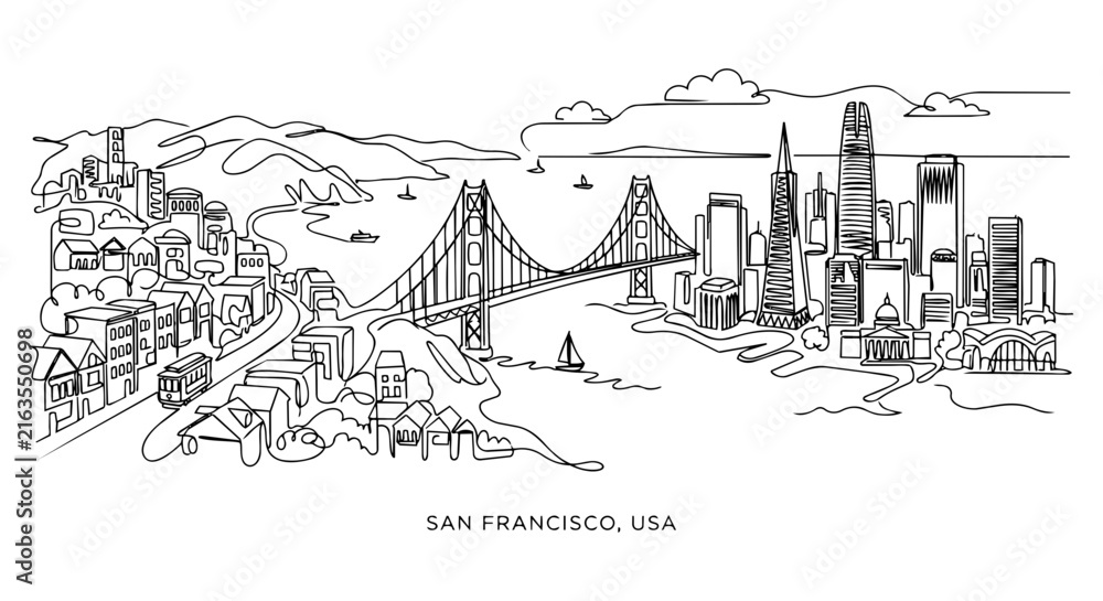 Fototapeta premium San Francisco USA City Skyline Continuous Single Line Art Vector Illustration