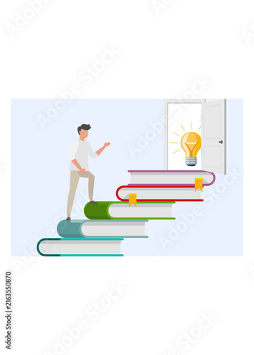 Man walks up stack of books forming staircase toward open door revealing shining light bulb symbolizing knowledge success learning and creative ideas.