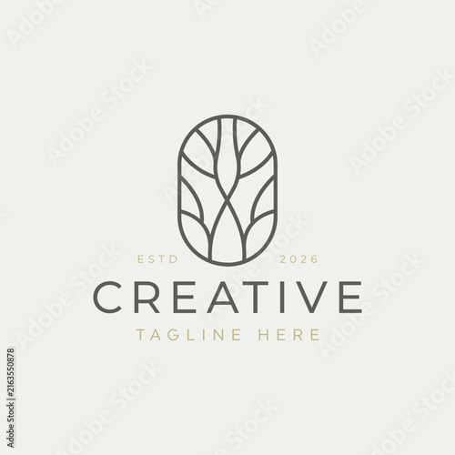 Botanical logo featuring an abstract branch design in a minimalist line-art style.