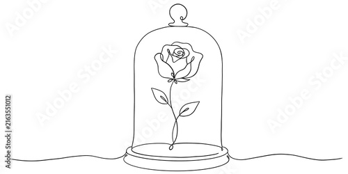 Minimalist line art illustration of a single rose inside a glass cloche