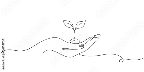 Continuous Line Drawing of Hand Holding Growing Plant Sprout Minimalist Art for Sustainability and Growth Concepts