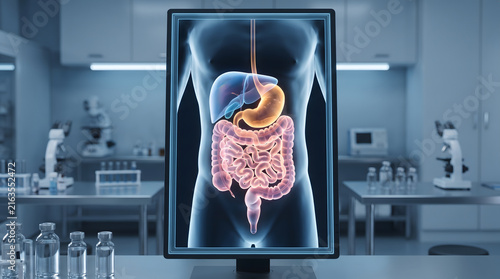 3D Medical Illustration of Human Digestive System Showing Stomach and Intestines in Anatomical Detail