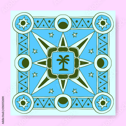 Intricate Bandana Motif Featuring Palms and Stars on a Blue and Green Patterned Background