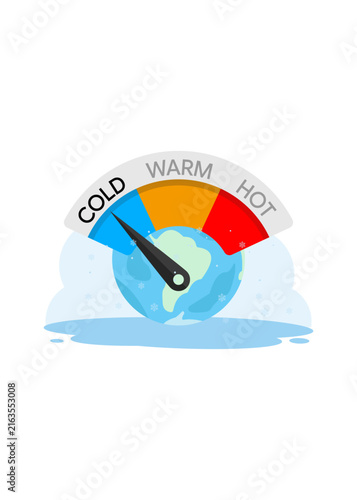 Temperature gauge with needle pointing to cold zone over planet earth representing global cooling climate freezing conditions and weather measurement.