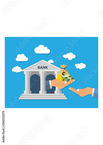 Flat illustration of a bank building giving money, cash stack, coins, and money bag to a client hand against a blue sky with clouds.