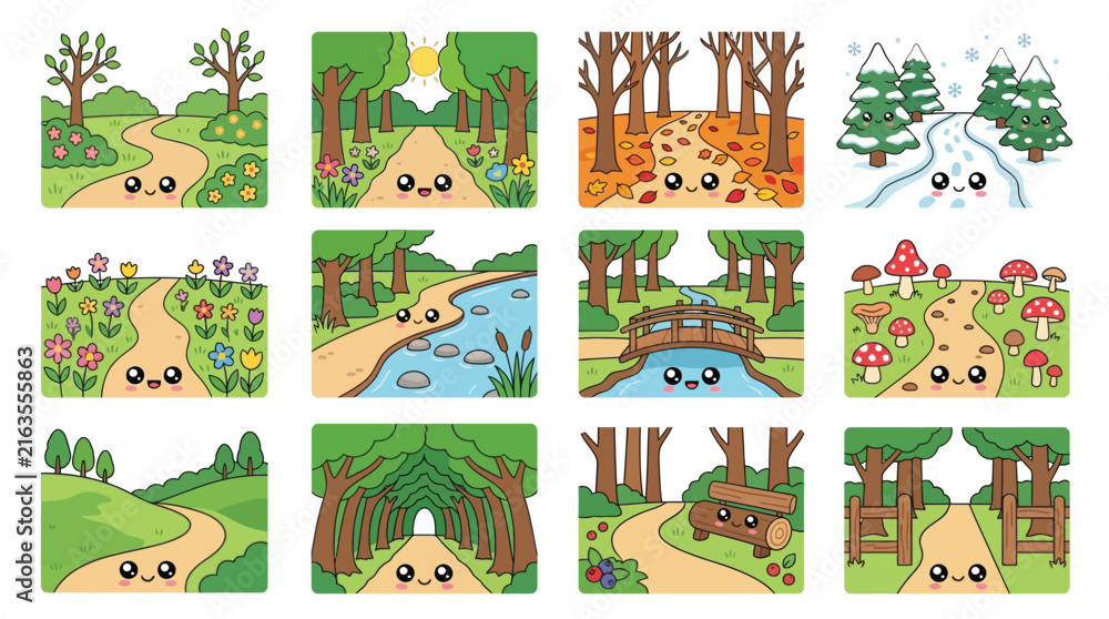 Obraz premium Whimsical Cartoon Forest Scenes with Playful Characters.