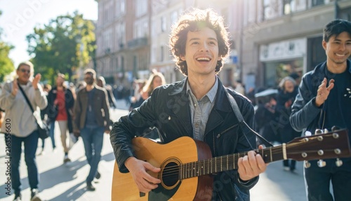 Young man playing acoustic guitar on a busy city street.