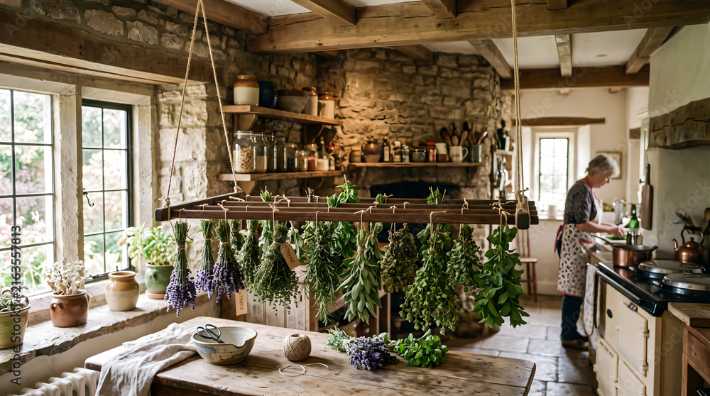 Fototapeta premium Rustic kitchen with hanging herbs drying on rack and senior woman