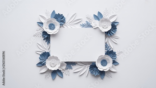 White rectangular frame surrounded by layered paper flowers in shades of blue and white