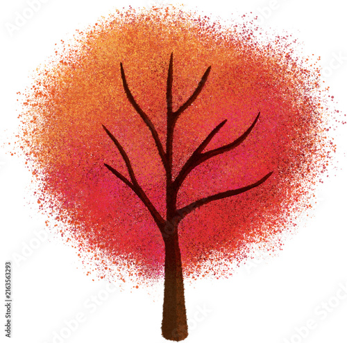 Hand drawn autumn tree illustration set in red orange and yellow