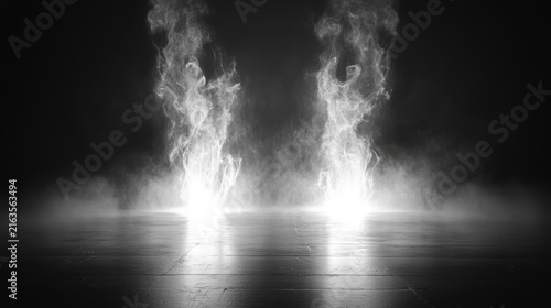 Bright stadium arena lights, Smoke bombs, empty dark scene, neon light
