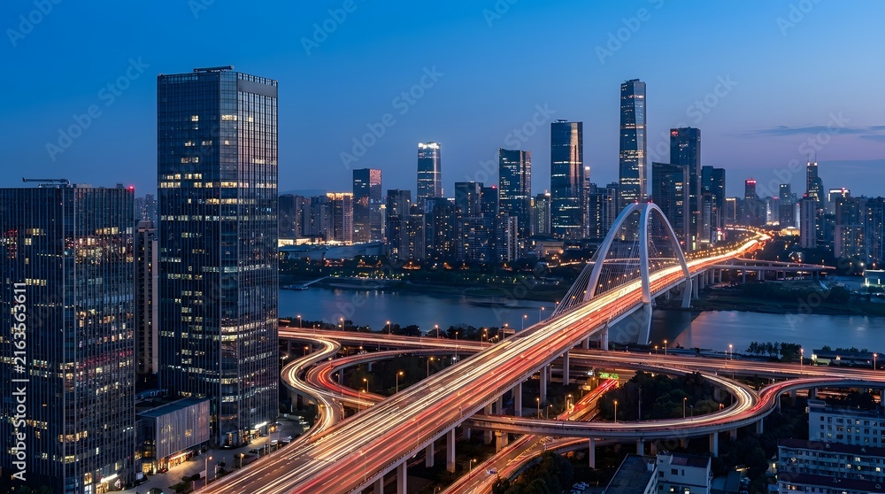 Fototapeta premium Modern City Skyline with Light Trails at Blue Hour
