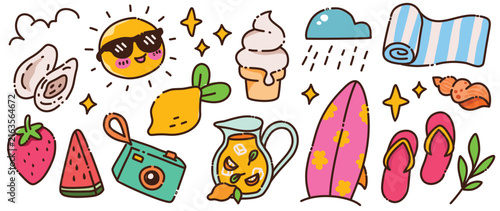 Cute Kawaii Sun Surfboard and Fresh Lemonade Pitcher Vector Clipart for Summer Journal