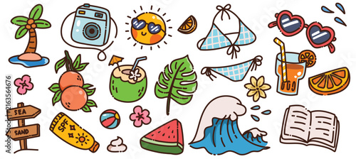 Cute Kawaii Tropical Island Ocean Wave and Camera Vector Illustration for Summer Poster