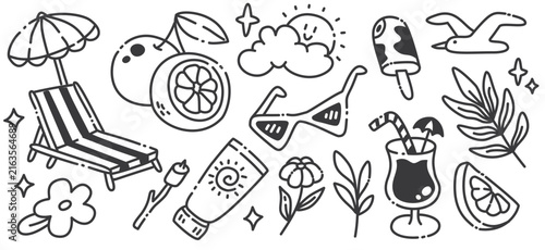 Cute Kawaii Summer Sunbathing Deck Chair and Cocktail Line Art Vector Clipart Collection