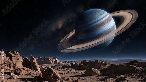 Massive ringed gas giant planet looms over a barren rocky alien landscape under a dark starry sky in deep space