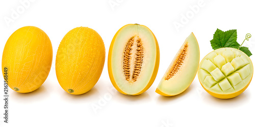 Fresh yellow canary melons whole and sliced with green leaves on a white background nutrition refreshment ingredient delicious isolated horizontal agriculture arranged