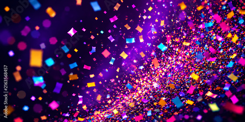Colorful flying confetti particles floating against a dark purple festive background with confetti celebration festival colorful background abstract floating birthday christmas carnival