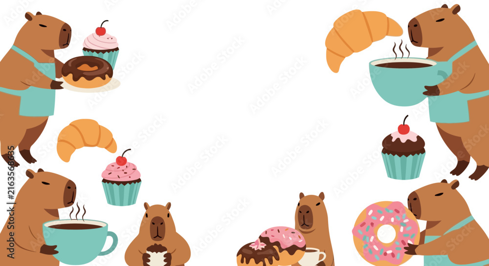 Fototapeta premium Capybaras enjoying coffee and pastries in a cute vector layout with bakery items and treats.