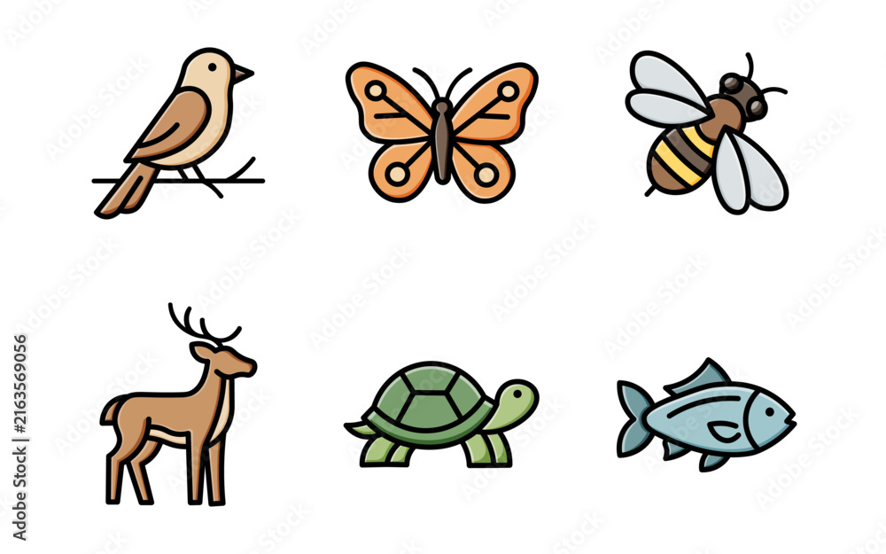 Obraz premium Nature and Wildlife Icon Set in Flat Line Art Style