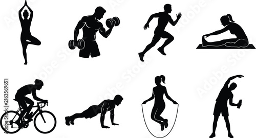 Fitness and Exercise Silhouette Vector Set Featuring Yoga, Running, Cycling, and Strength Training Poses