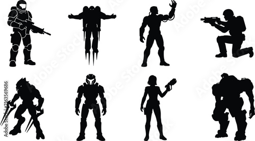 Futuristic Soldier and Cyborg Silhouette Vector Set Featuring Sci-Fi Warriors, Robots, and Battle Poses