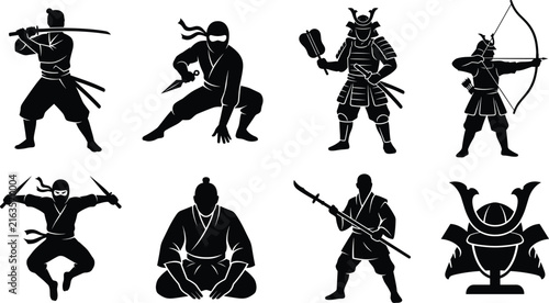 Samurai and Ninja Silhouette Vector Set Featuring Traditional Japanese Warriors, Weapons, and Martial Arts Poses