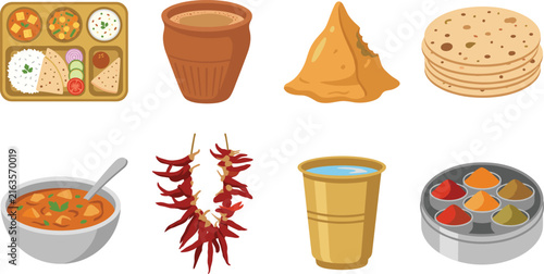 Traditional Indian Food Vector Set Featuring Thali, Samosa, Chai, Spices, and Chapati Illustrations