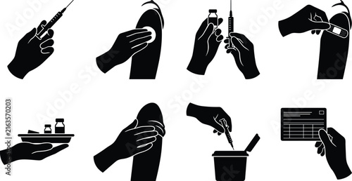 Vaccination Process Silhouette Vector Set Featuring Syringe, Vial, Injection, and Medical Care Steps