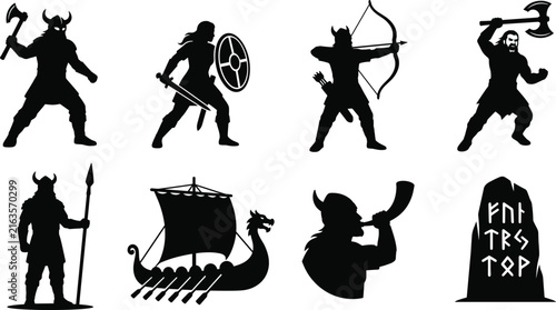 Viking Warrior Silhouette Vector Set Featuring Norse Fighters, Longship, Weapons, and Ancient Rune Stone