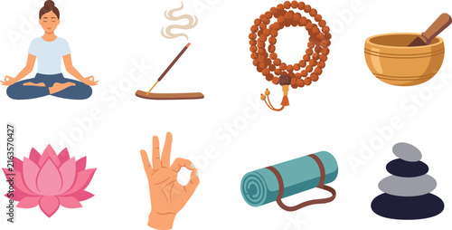 Yoga and Meditation Vector Set Featuring Lotus, Incense, Mala Beads, and Relaxation Symbols