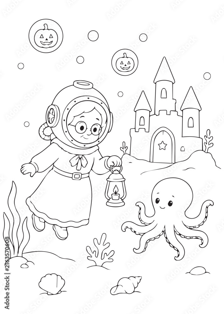 Fototapeta premium Coloring Page Book Brave Halloween Grandma Exploring Underwater Fantasy World with Friendly Octopus