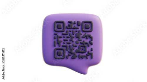 Purple speech bubble containing black textured digital qr code element isolated on white background studio shot